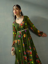 Women Green Floral Back Criss Cross Anarkali Kurta-SHKUR00449